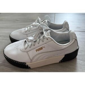 PUMA Sneakers Womans Size 6 White Black Gold Platform Retro Perforated Toe Casua